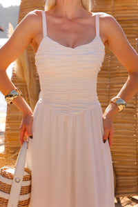 Vestido Cristina Midi Crepe Com Franzido no Busto - Bege