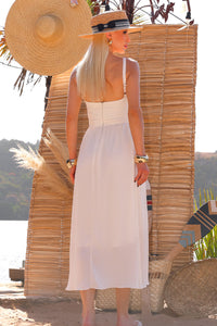 Vestido Cristina Midi Crepe Com Franzido no Busto - Bege