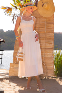 Vestido Cristina Midi Crepe Com Franzido no Busto - Bege