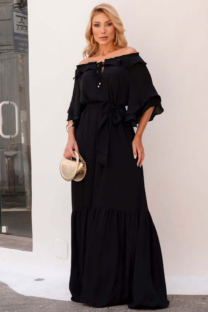 Vestido Lilian Longo Crepe Com Faixa - Preto
