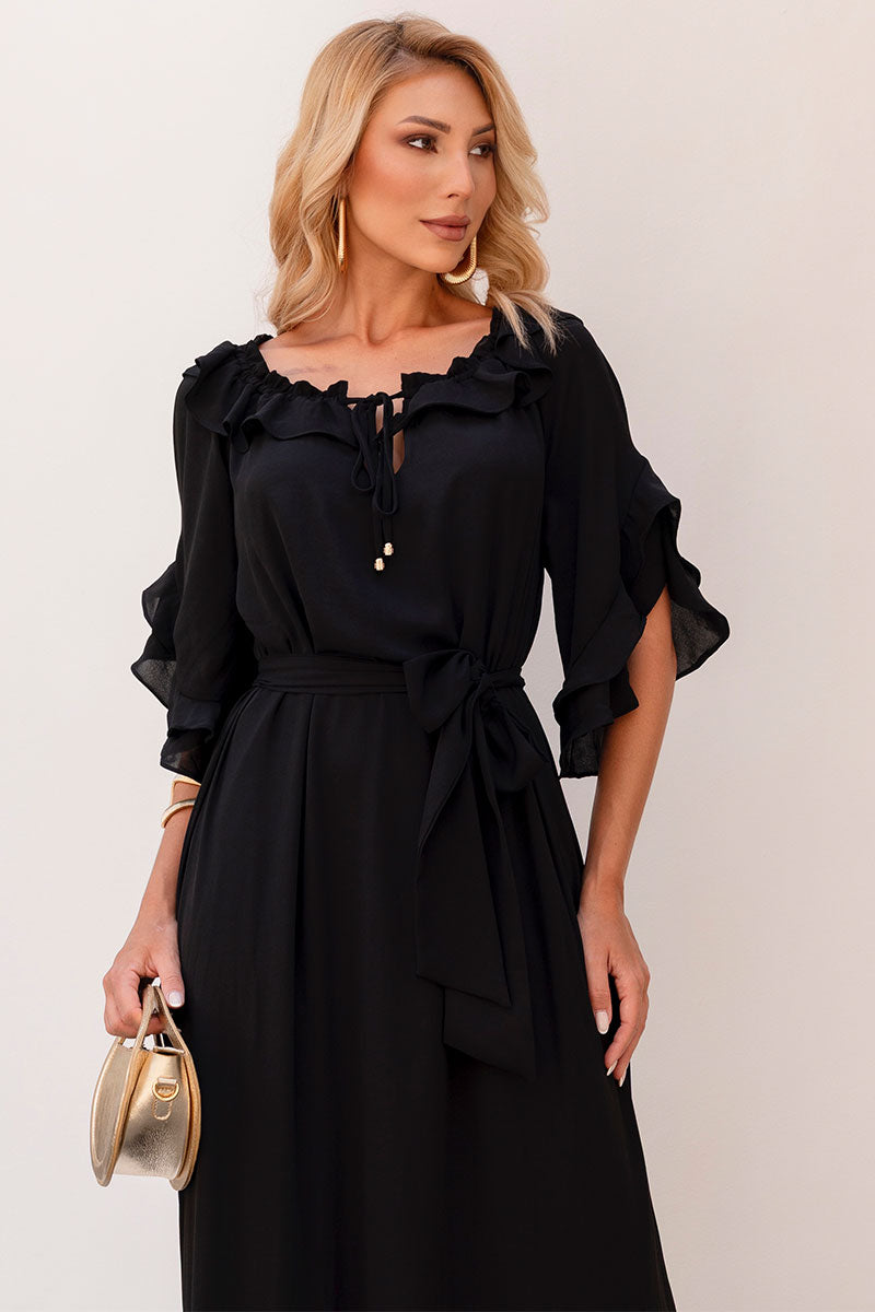 Vestido Lilian Longo Crepe Com Faixa - Preto