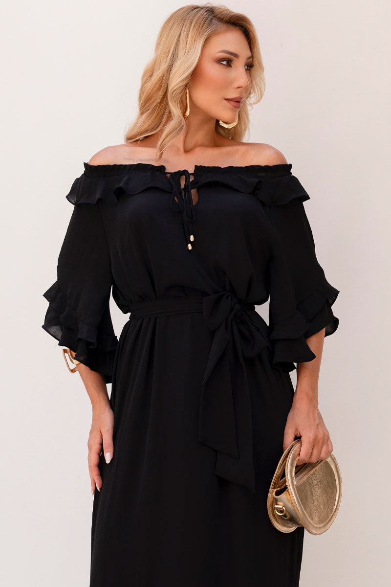 Vestido Lilian Longo Crepe Com Faixa - Preto