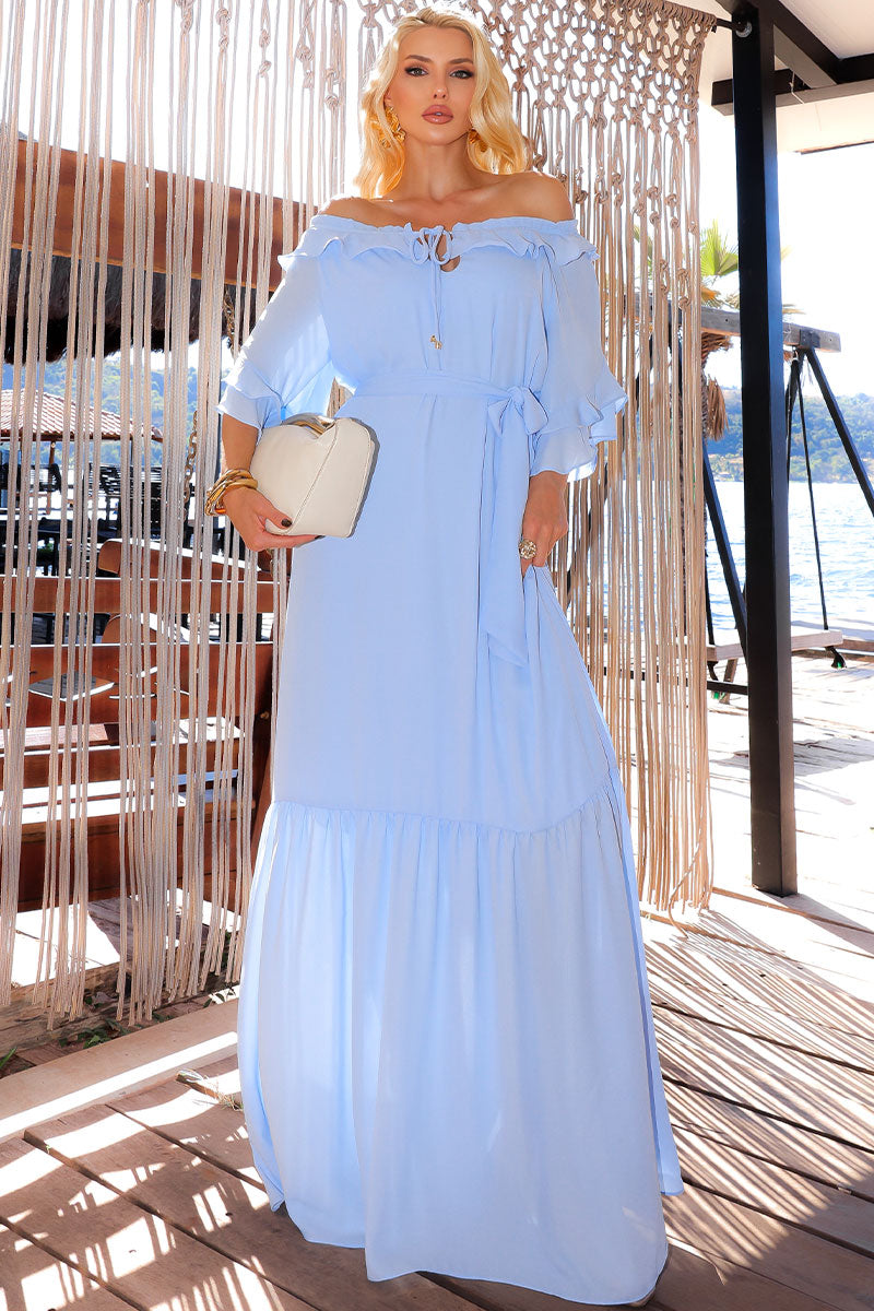 Vestido Lilian Longo Crepe Com Faixa - Azul