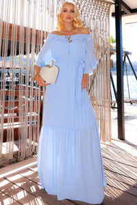 Vestido Lilian Longo Crepe Com Faixa - Azul