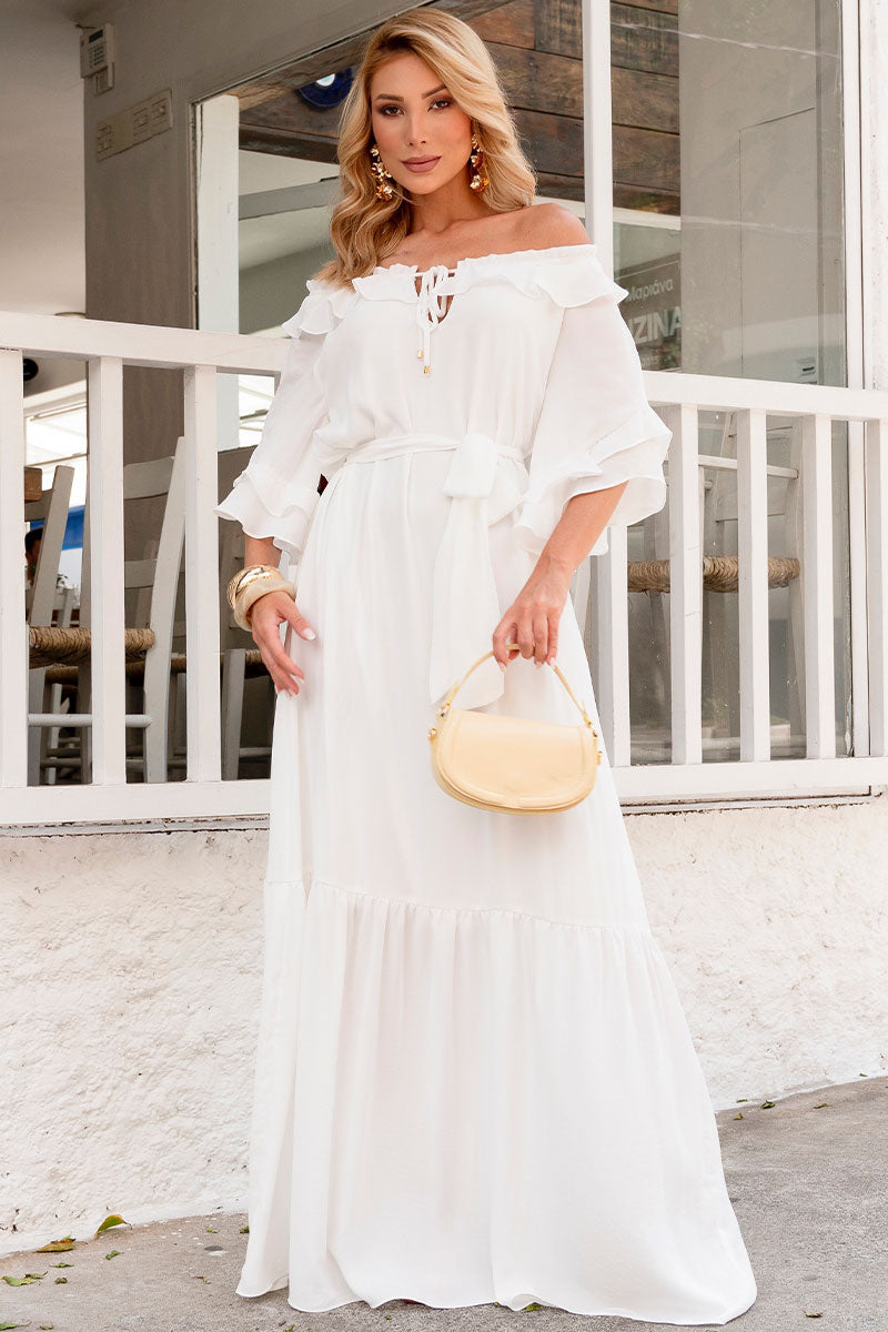 Vestido Lilian Longo Crepe Com Faixa - Off White