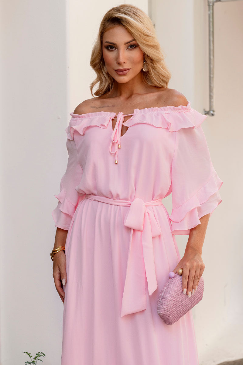 Vestido Lilian Longo Crepe Com Faixa - Rosa
