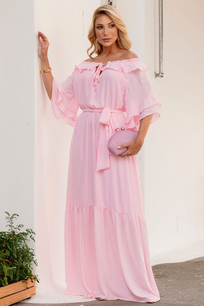 Vestido Lilian Longo Crepe Com Faixa - Rosa