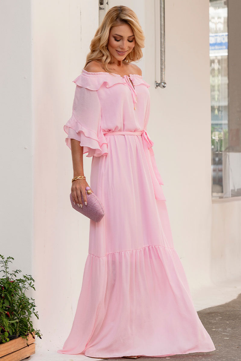 Vestido Lilian Longo Crepe Com Faixa - Rosa