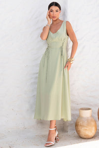 Vestido Arlete Midi Com Detalhe Amarração Com Botão - Verde