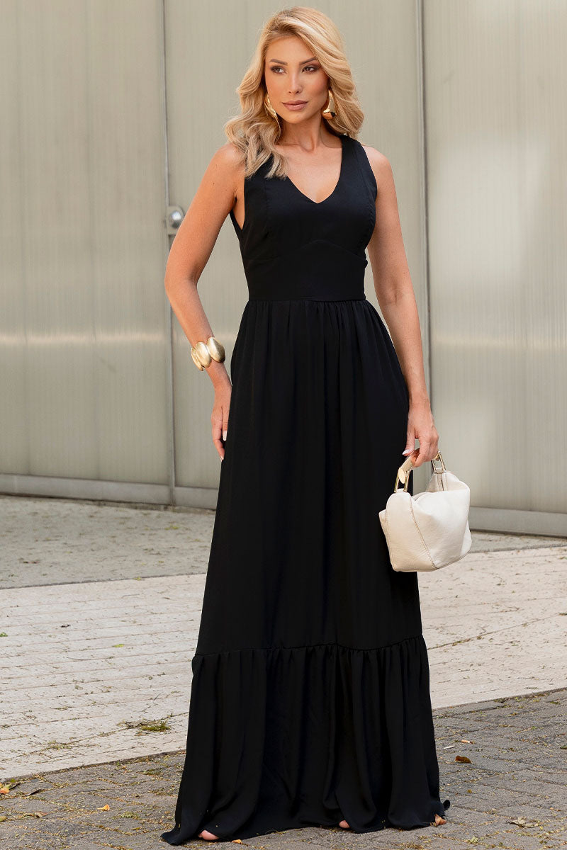 Vestido Elizete Crepe Longo Decote V Com Zíper - Preto