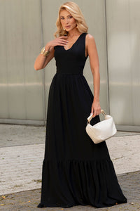 Vestido Elizete Crepe Longo Decote V Com Zíper - Preto