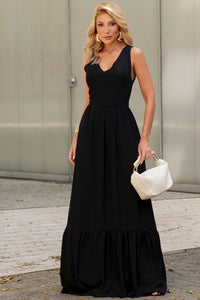Vestido Elizete Crepe Longo Decote V Com Zíper - Preto