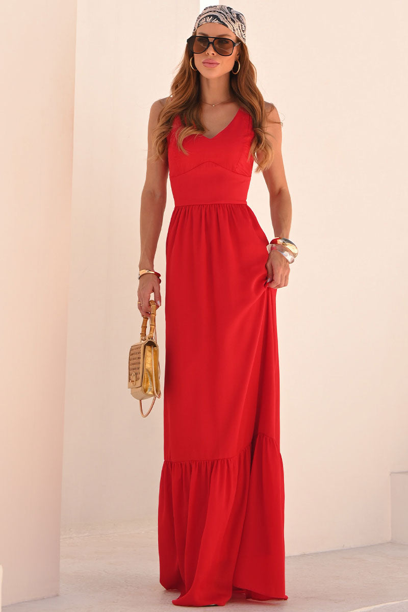 Vestido Elizete Crepe Longo Decote V Com Zíper - Vermelho
