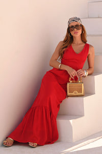 Vestido Elizete Crepe Longo Decote V Com Zíper - Vermelho