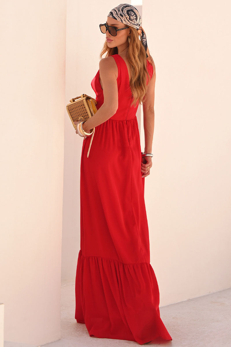 Vestido Elizete Crepe Longo Decote V Com Zíper - Vermelho