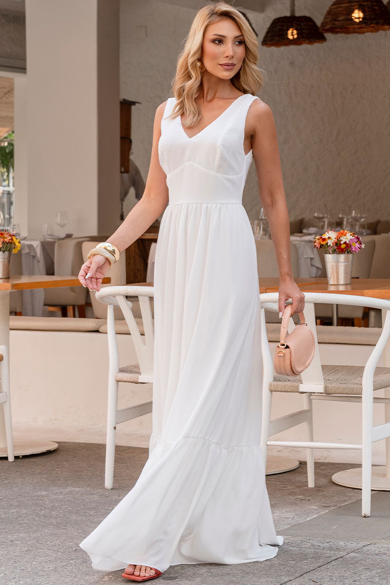 Vestido Elizete Crepe Longo Decote V Com Zíper - Off White