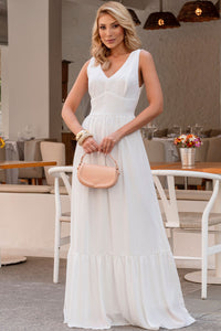 Vestido Elizete Crepe Longo Decote V Com Zíper - Off White
