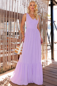 Vestido Elizete Crepe Longo Decote V Com Zíper - Lilás