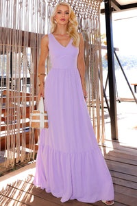 Vestido Elizete Crepe Longo Decote V Com Zíper - Lilás