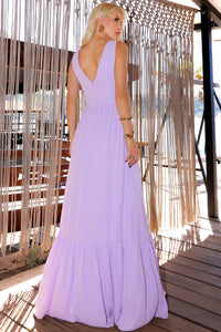 Vestido Elizete Crepe Longo Decote V Com Zíper - Lilás