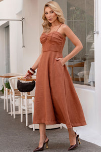 Vestido Damares Com Alça fina e Detalhe de Pregas no Busto - Marrom