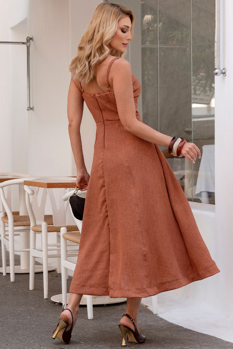 Vestido Damares Com Alça fina e Detalhe de Pregas no Busto - Marrom