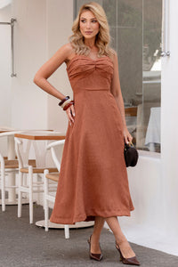 Vestido Damares Com Alça fina e Detalhe de Pregas no Busto - Marrom