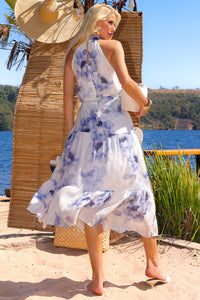 Vestido Fanny Estampado Midi Com Faixa - Azul