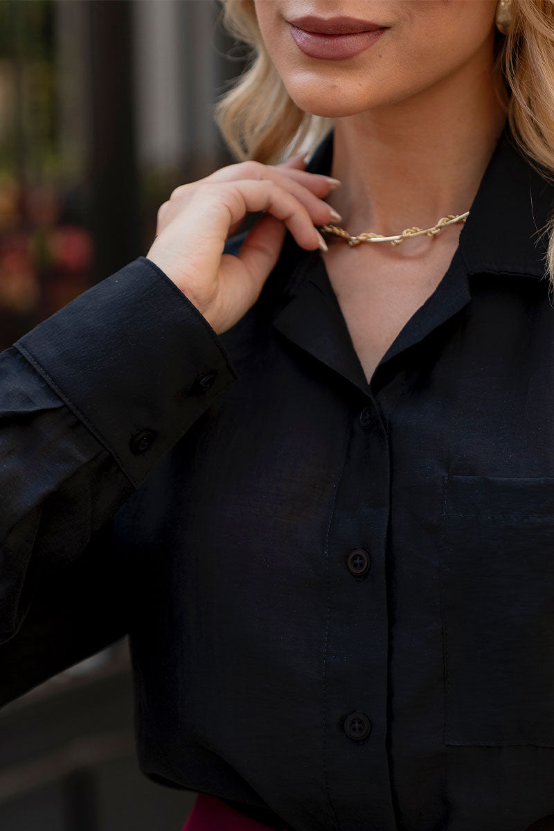 Camisa Samara Manga Longa Com Botão - Preto
