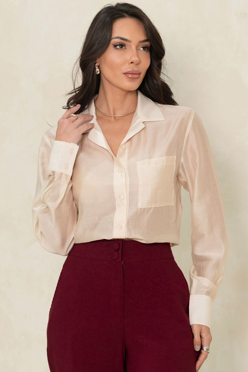 Camisa Samara Manga Longa Com Botão - Bege