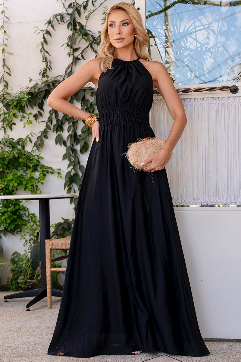 Vestido Micaela Longo Com Franzido na Cintura - Preto