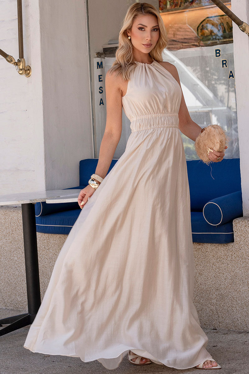 Vestido Micaela Longo Com Franzido na Cintura - Bege