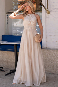 Vestido Micaela Longo Com Franzido na Cintura - Bege