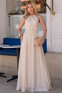 Vestido Micaela Longo Com Franzido na Cintura - Bege