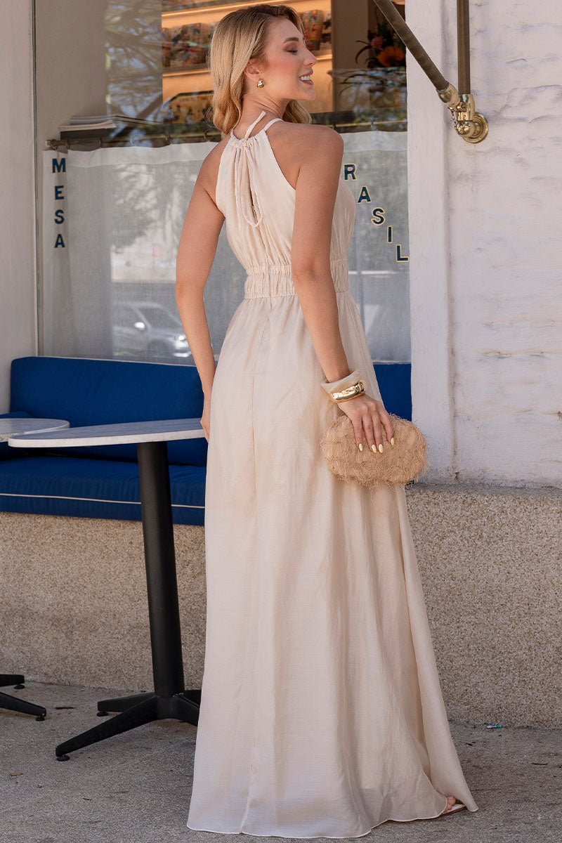 Vestido Micaela Longo Com Franzido na Cintura - Bege