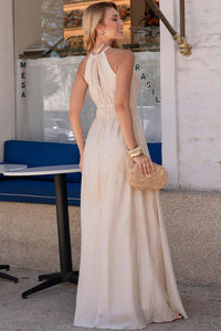 Vestido Micaela Longo Com Franzido na Cintura - Bege