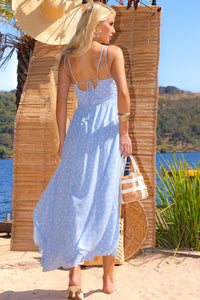 Vestido Salete Longo Poá Com Ziper nas Costas - Azul