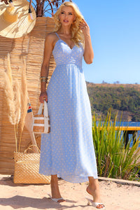 Vestido Salete Longo Poá Com Ziper nas Costas - Azul