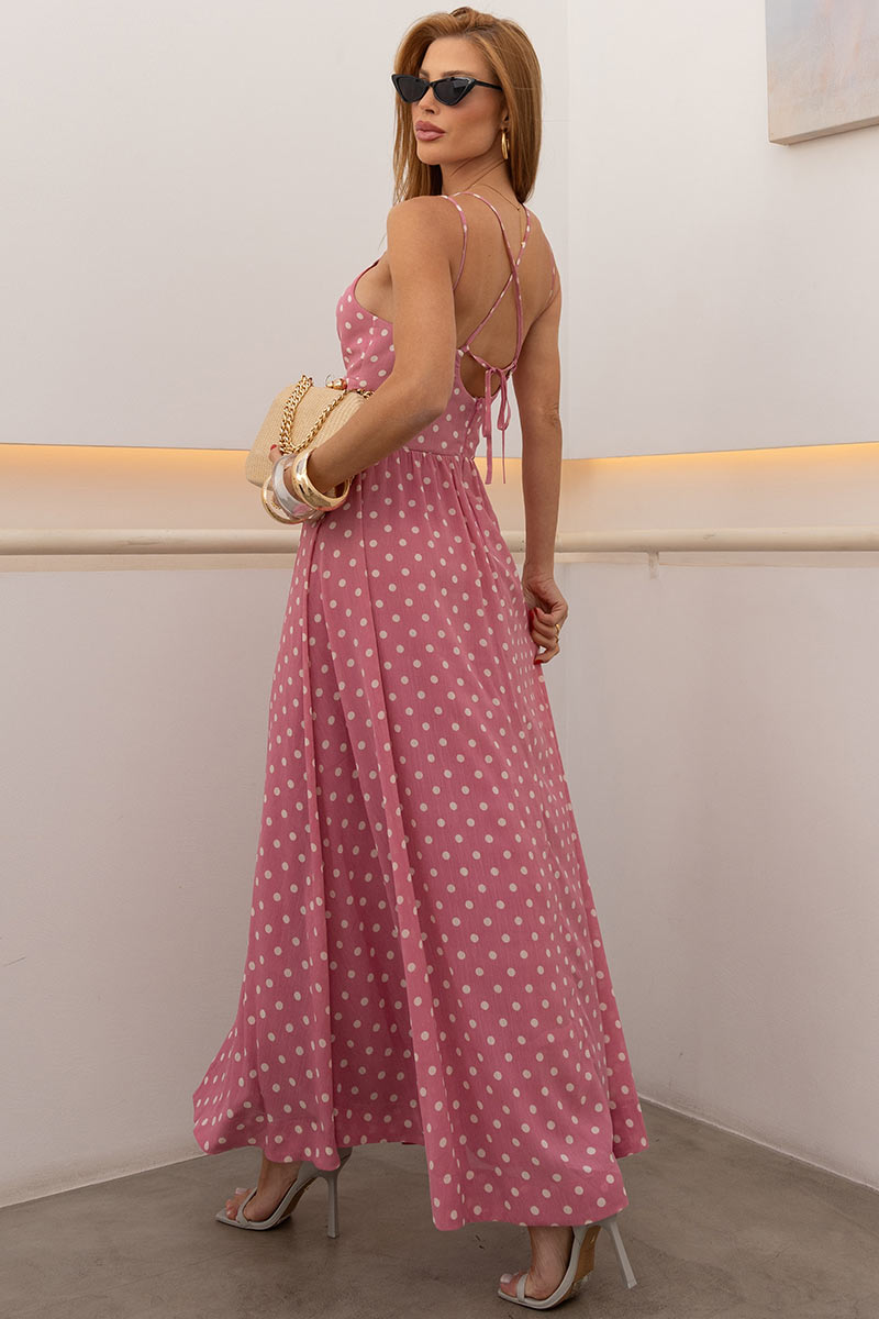 Vestido Salete Longo Poá Com Zíper nas Costas - Rosa