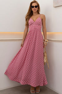 Vestido Salete Longo Poá Com Zíper nas Costas - Rosa