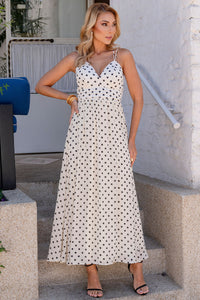 Vestido Salete Midi Poá Com Zíper nas Costas - Bege