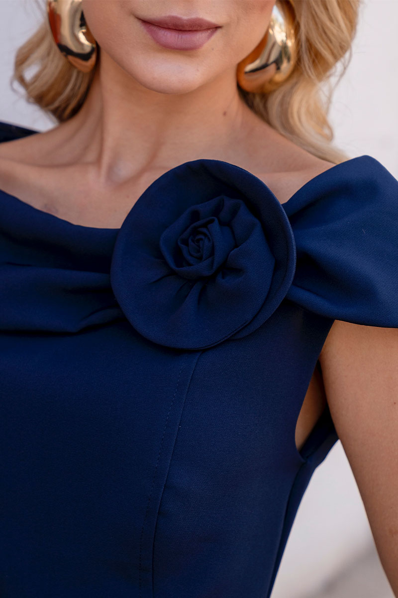 Vestido Leila Tubinho Com Detalhe Flor Na Gola - Azul Marinho