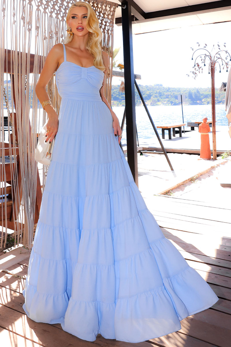 Vestido Maísa Longo Crepe Com Alça Detalhe Franzido - Azul