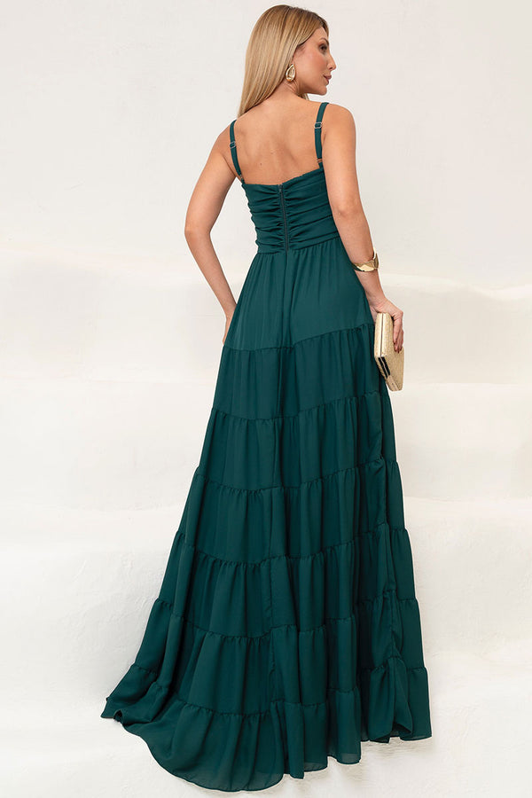 Vestido Maísa Longo Crepe Com Alça Detalhe Franzido - Verde Escuro
