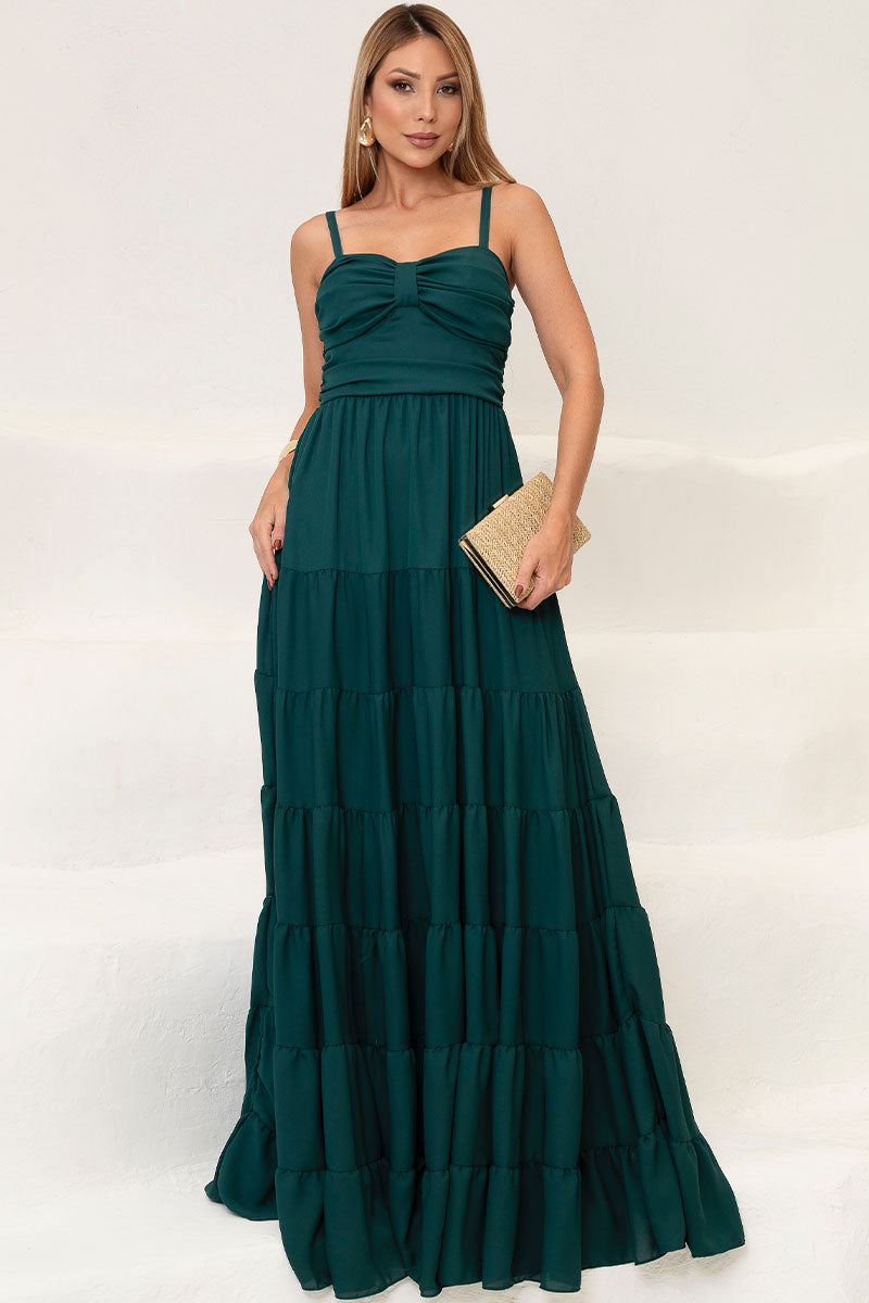 Vestido Maísa Longo Crepe Com Alça Detalhe Franzido - Verde Escuro