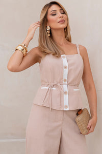 Conjunto Agnes Calça Com Blusa com Detalhe e Botões - Bege