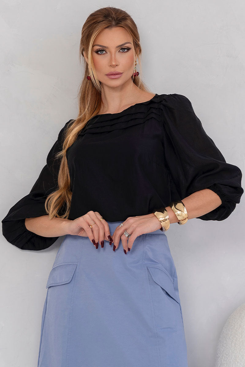Blusa Ivana Manga Longa Com Prega Frente - Preto