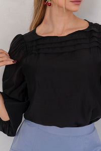 Blusa Ivana Manga Longa Com Prega Frente - Preto