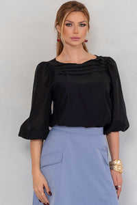 Blusa Ivana Manga Longa Com Prega Frente - Preto