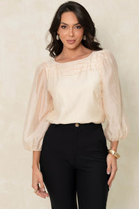 Blusa Ivana Manga Longa Com Prega Frente - Bege